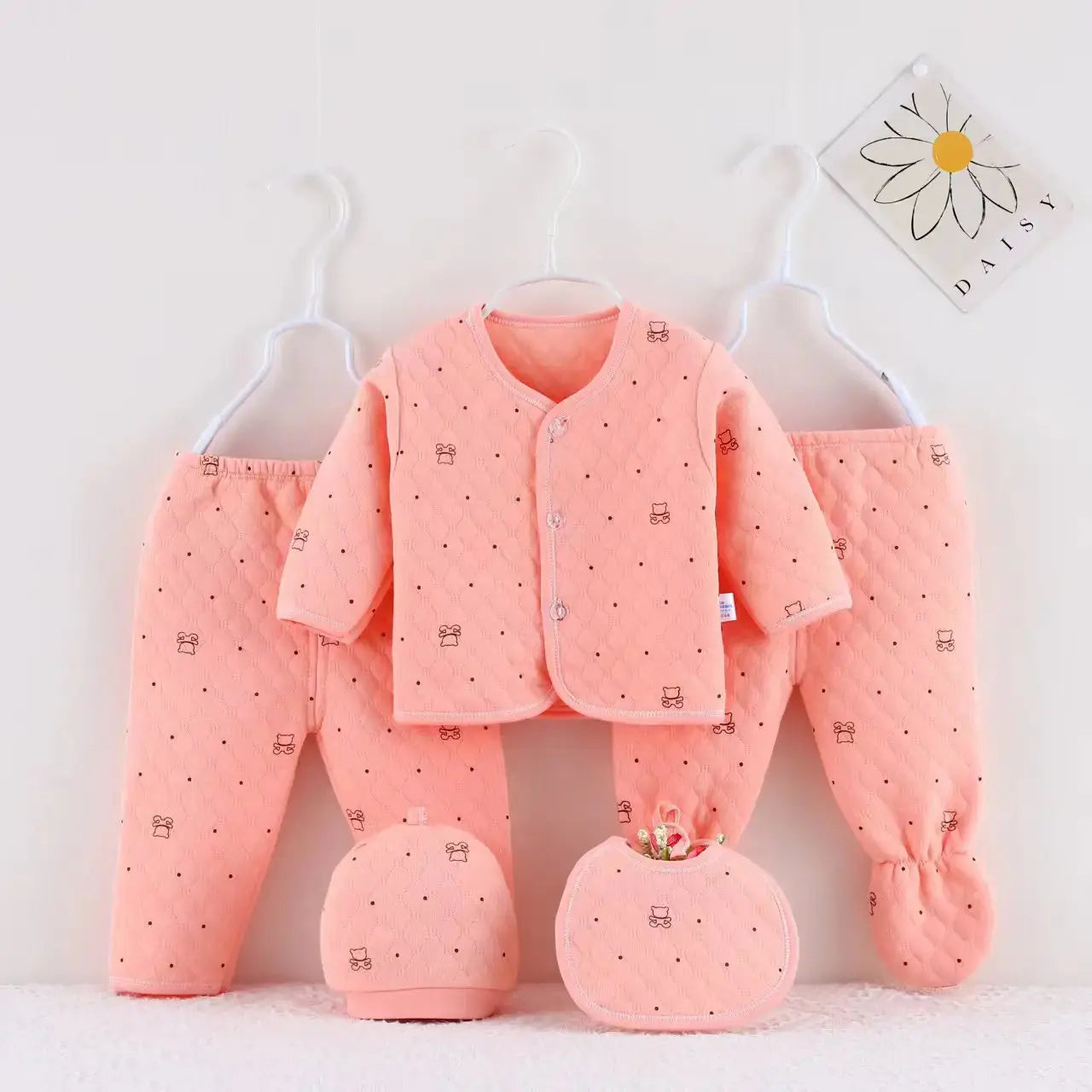 Baby Stepp-Bekleidungsset aus Baumwolle Warme Kleidung für Säuglinge Neugeborenen-Schlafanzug mit Mütze & Lätzchen 5-teiliger Anzug