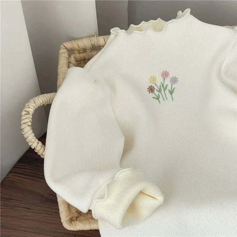 Kleinkind Mädchen Pullover Winter Kinder Warme Verdickte Pullover Kinder Puffärmel Blumenstickerei Unterhemd 1-6 Jahre Freizeitkleidung