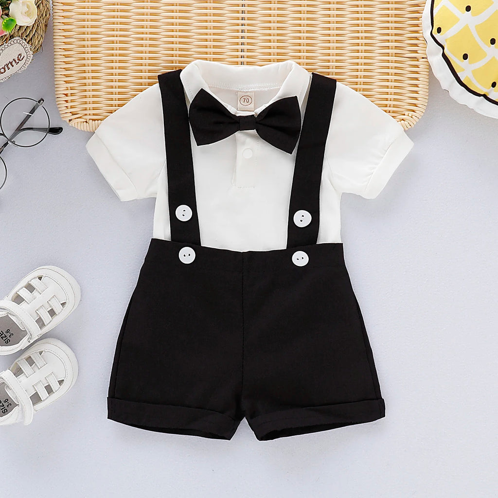 Conjunto de Traje Formal de Caballero para Bebé Recién Nacido, Camisa de Manga Corta con Lazo + Pelele de Pantalones Cortos, Moda de Verano, 2 Piezas