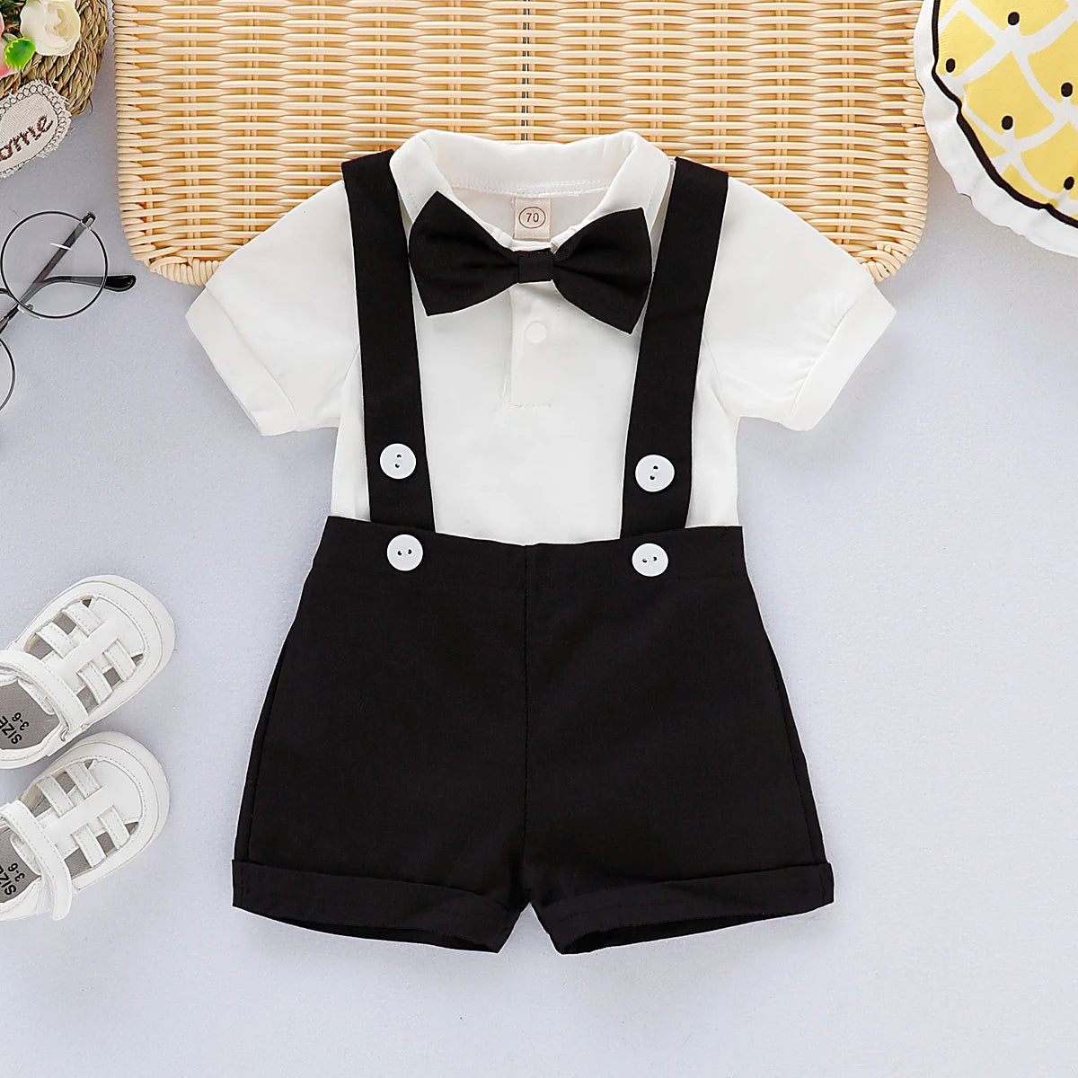 Conjunto de Traje Formal de Caballero para Bebé Recién Nacido, Camisa de Manga Corta con Lazo + Pelele de Pantalones Cortos, Moda de Verano, 2 Piezas