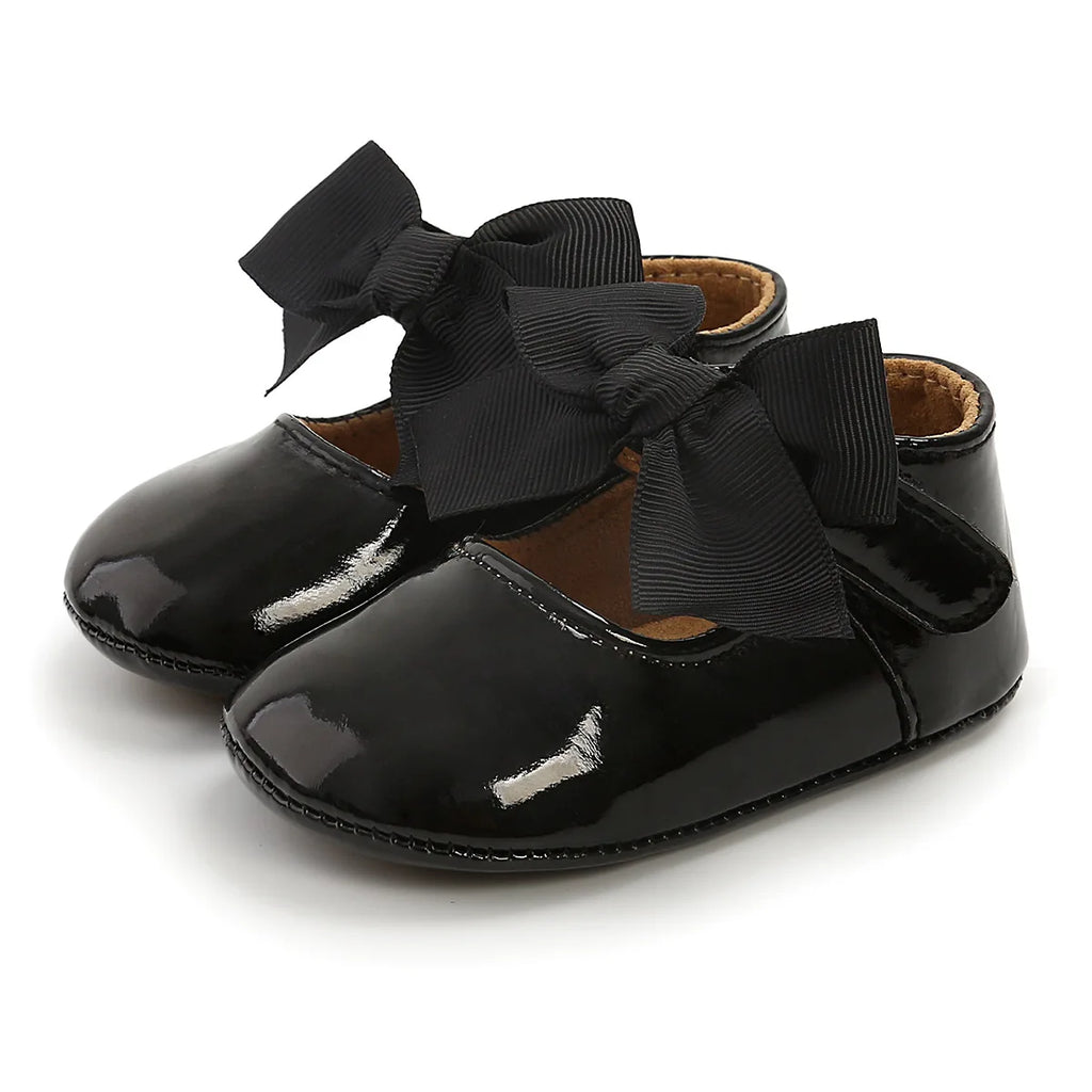 Bailarinas con nudo de lazo para bebé, suela de goma antideslizante, zapatos de PU para primeros pasos, zapatos de vestir para cuna de bebé