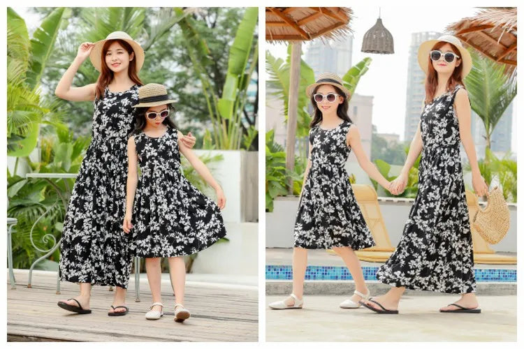 New Mother Daughter Summer Dresses Sleeveless Floral Flower Print Sundress Mom Mommy and Me Beach Dress Family Matching Outfits