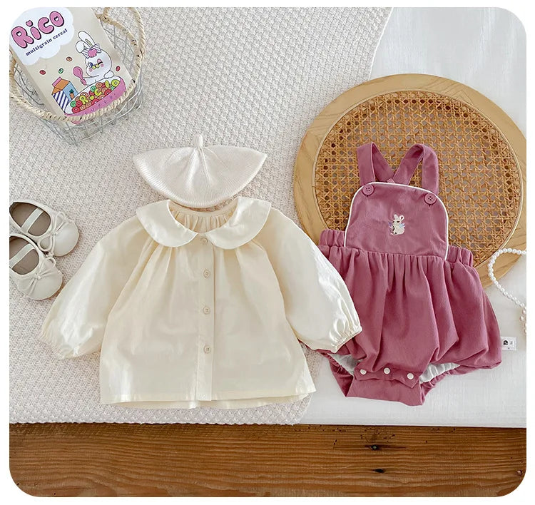 Baby Girl Two Piece Set Newborn Autumn Korean Children Clothing Baby Girls Solid Color Shirt Suspender Pants Cute Clothing