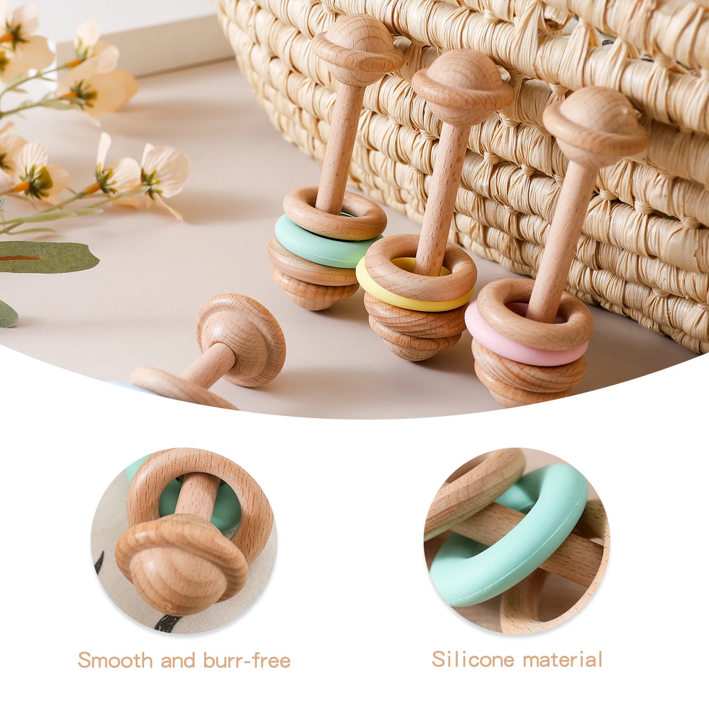 BPA-free Baby Toys Wooden Rattles Silicone Ring Rattles and Mobiles Babies 0–12 Months Sensory Toys Wooden Teether Baby Gifts
