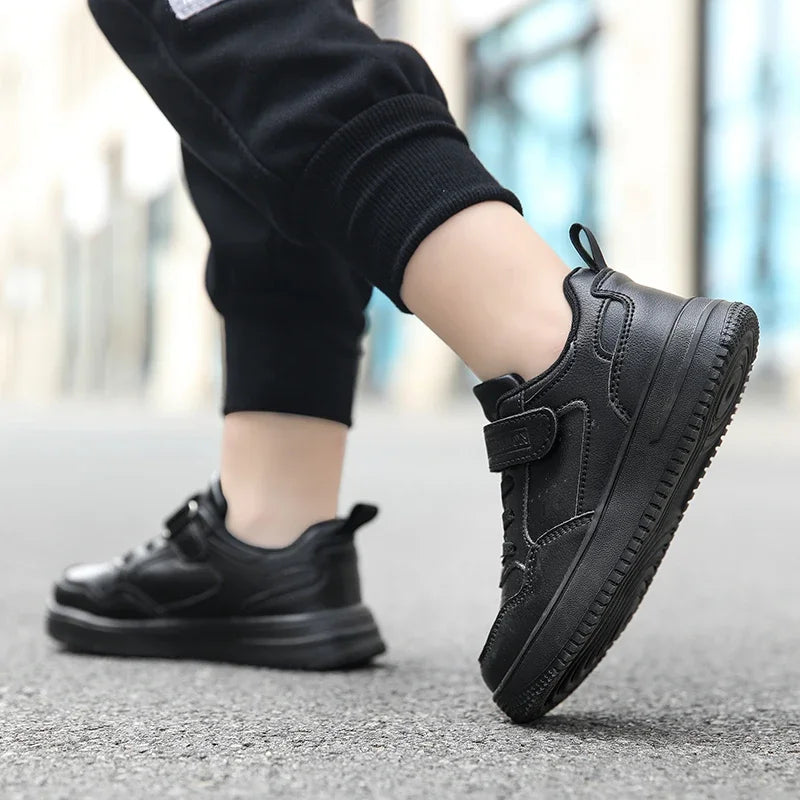Boys Shoes Sneakers Leather Children Comfortable Flat Shoes Black White Shoes for Kids Girls School Walking Footwear Non Slip