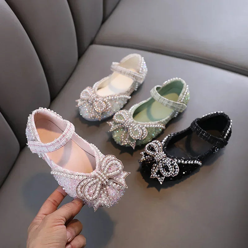 Sandalias para niñas, moda, lentejuelas, diamantes de imitación, lazo, zapatos de princesa para bebé, sandalias planas para niños, tallas 21-36