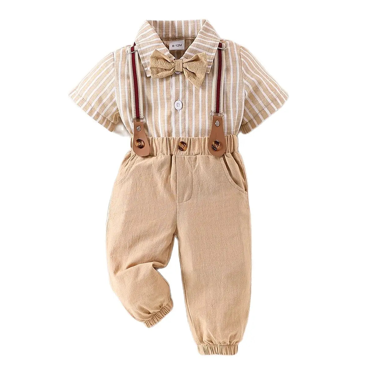 2-piece set of male baby gentleman's clothing, short sleeved shirt, bow tie, tie and suspender, long pants, spring and summer