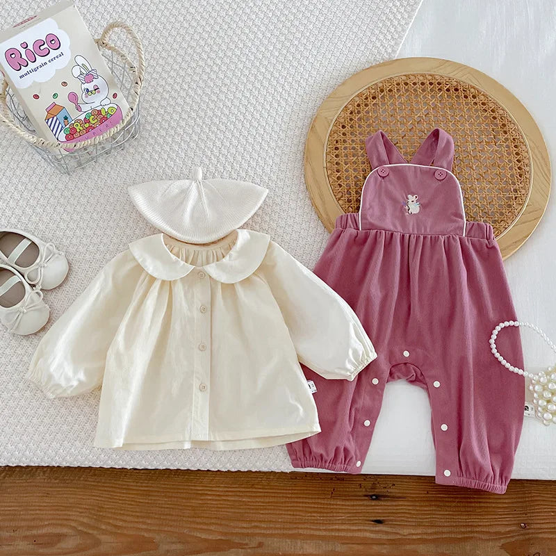 Baby Girl Two Piece Set Newborn Autumn Korean Children Clothing Baby Girls Solid Color Shirt Suspender Pants Cute Clothing