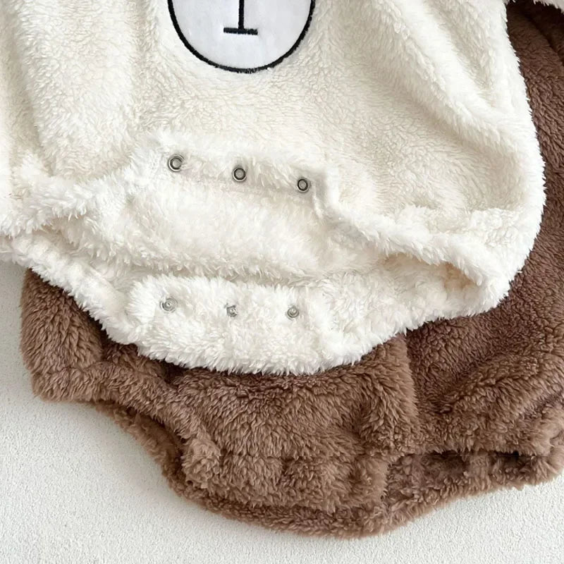 Baby Clothing Autumn Winter Cute Hooded Cartoon Bear Baby Crawling Clothes Pajamas Warm Double-sided Plush Jumpsuit Trousers Set