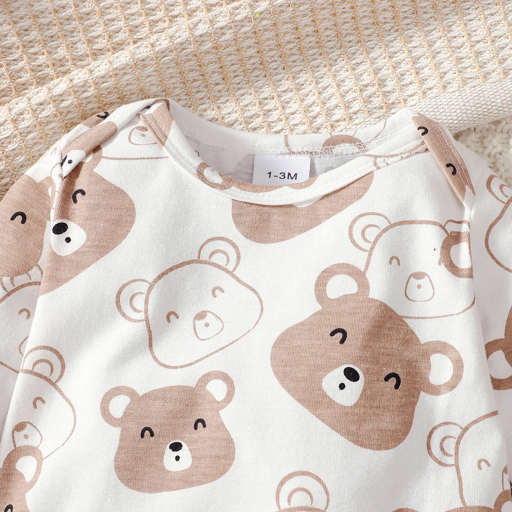 Newborn 4pcs Baby boy Bear printed Bodysuit+Pants+Hat+Socks Set Suitable for Babies 0-9 Months Spring Autumn Fashionable Set