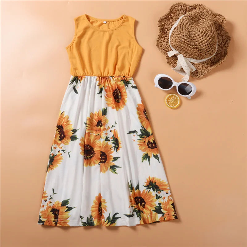 2026 New Fashion Mother Daughter Matching Dresses Family Sets Floral Woman Girls Long Dress Outfits Sleeveless Family Look Dress