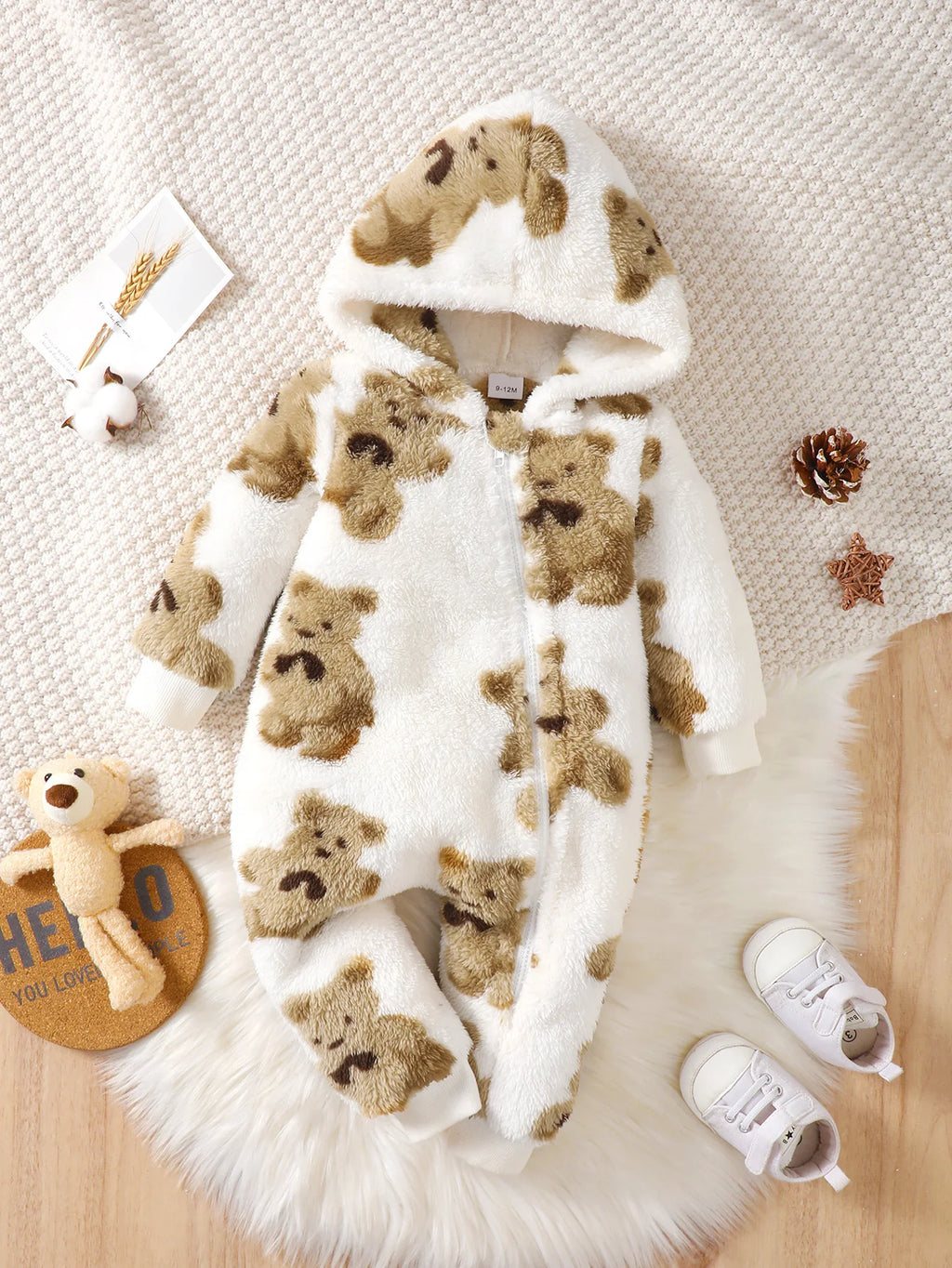 Mono de felpa de invierno para bebé niña, a la moda, casual, bonito estampado de oso de dibujos animados, con cremallera inclinada y capucha, de manga larga