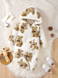 Mono de felpa de invierno para bebé niña, a la moda, casual, bonito estampado de oso de dibujos animados, con cremallera inclinada y capucha, de manga larga