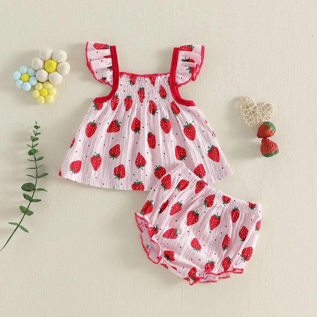 Conjunto de ropa para bebés de verano para niñas, lindo estampado de puntos, camisetas de manga voladora, pantalones cortos, atuendo