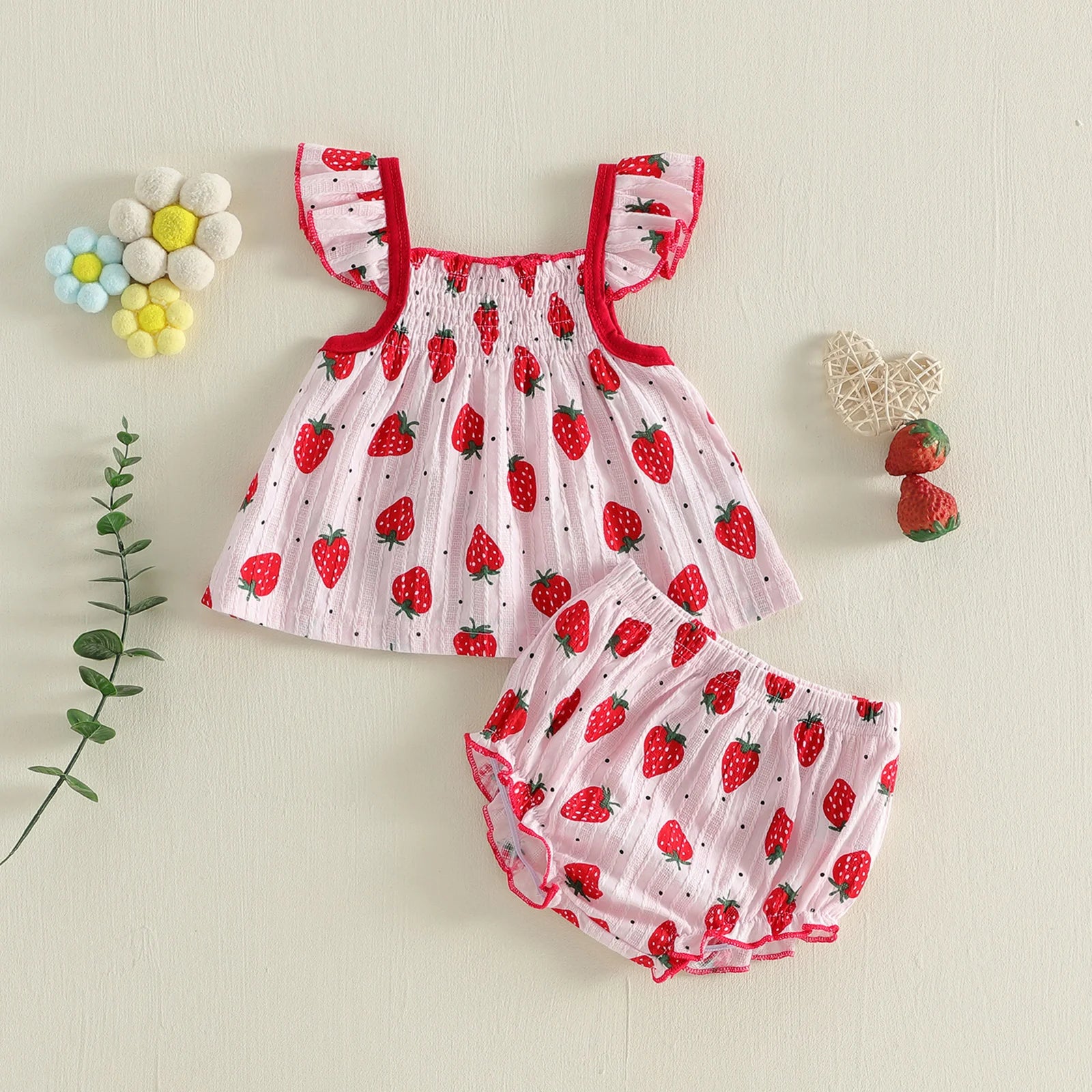 Conjunto de ropa para bebés de verano para niñas, lindo estampado de puntos, camisetas de manga voladora, pantalones cortos, atuendo
