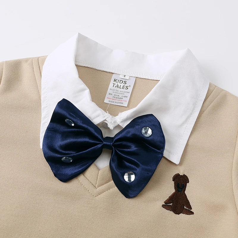 2025 Recién llegados Bebés Niños Otoño Algodón Sudadera con capucha Traje de vaquero Niños pequeños Caballero Pajarita Falso dos piezas Ropa para niños