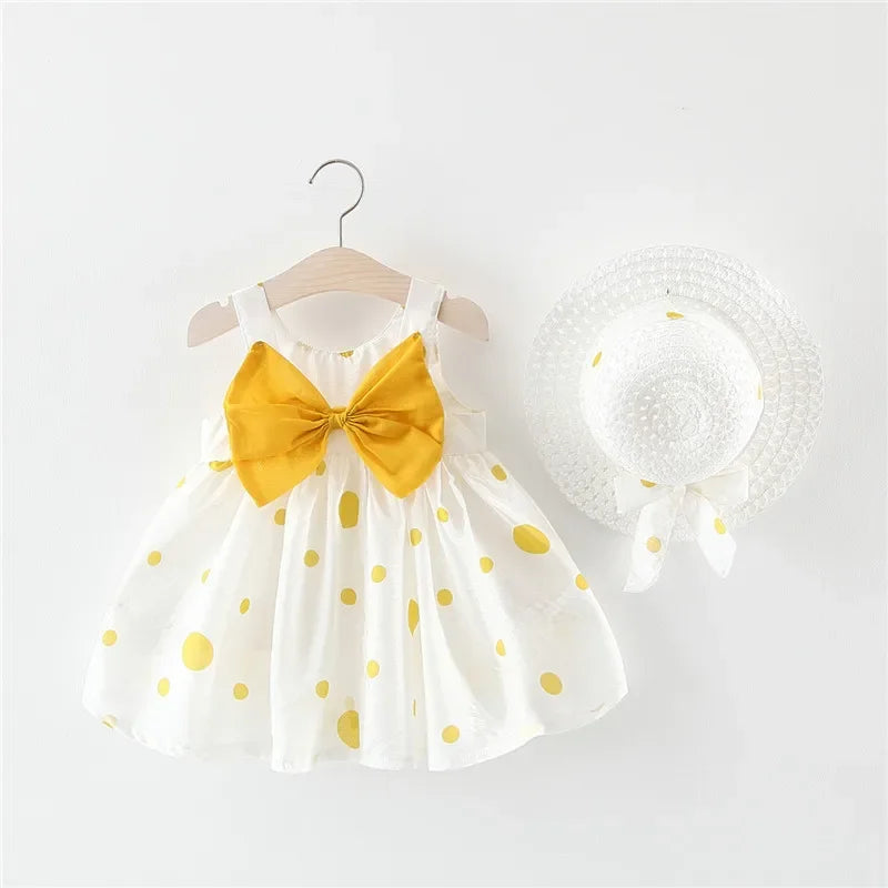 Big Bow Baby Dress Lovely Summer Infant Baby Girl Clothes Cute Dot Sleeveless Cotton Toddler Dresses+Sunhat Newborn Clothing Set