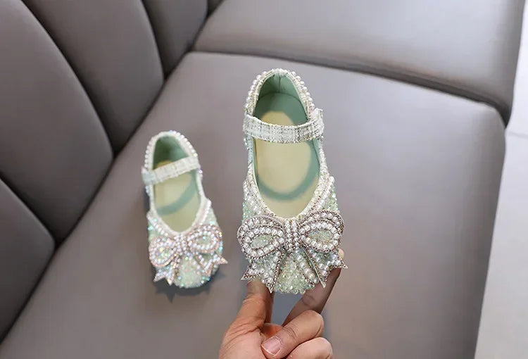 Sandalias para niñas, moda, lentejuelas, diamantes de imitación, lazo, zapatos de princesa para bebé, sandalias planas para niños, tallas 21-36