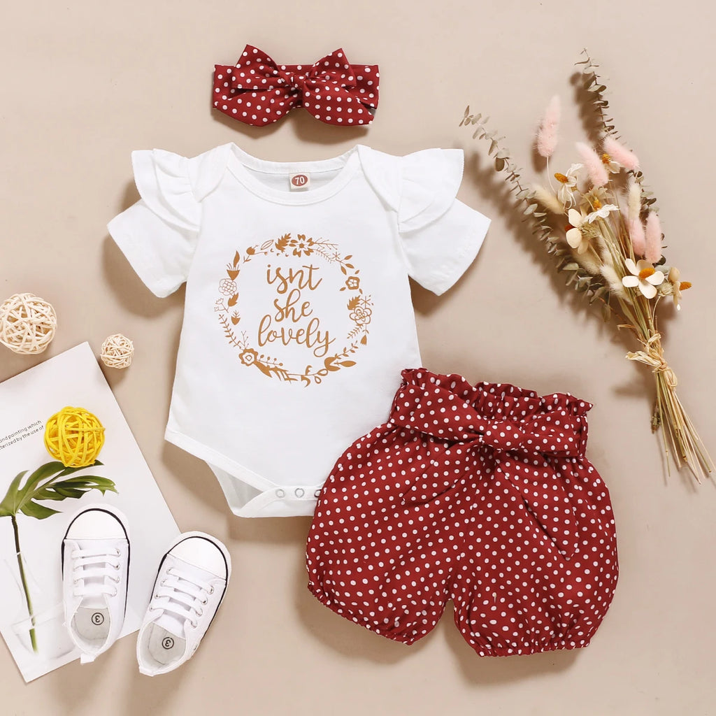 0-18Months Infants Baby Girl Set Black Short Sleeve Bodysuit+Polka Dot Shorts+Headband Toddler Girl Summer Fashion 3PCS Clothing