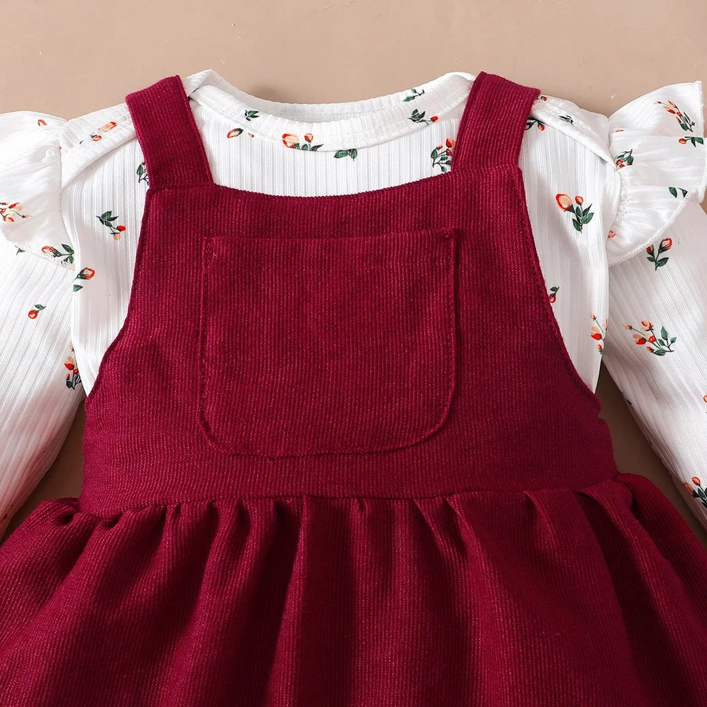 2-teiliges Neugeborenen-Baby-Geburtstags-Prinzessinnenkleid-Set Langarm-Strampler + roter Trägerrock für kleine Mädchen 0-18 Monate Neujahrs-Outfits