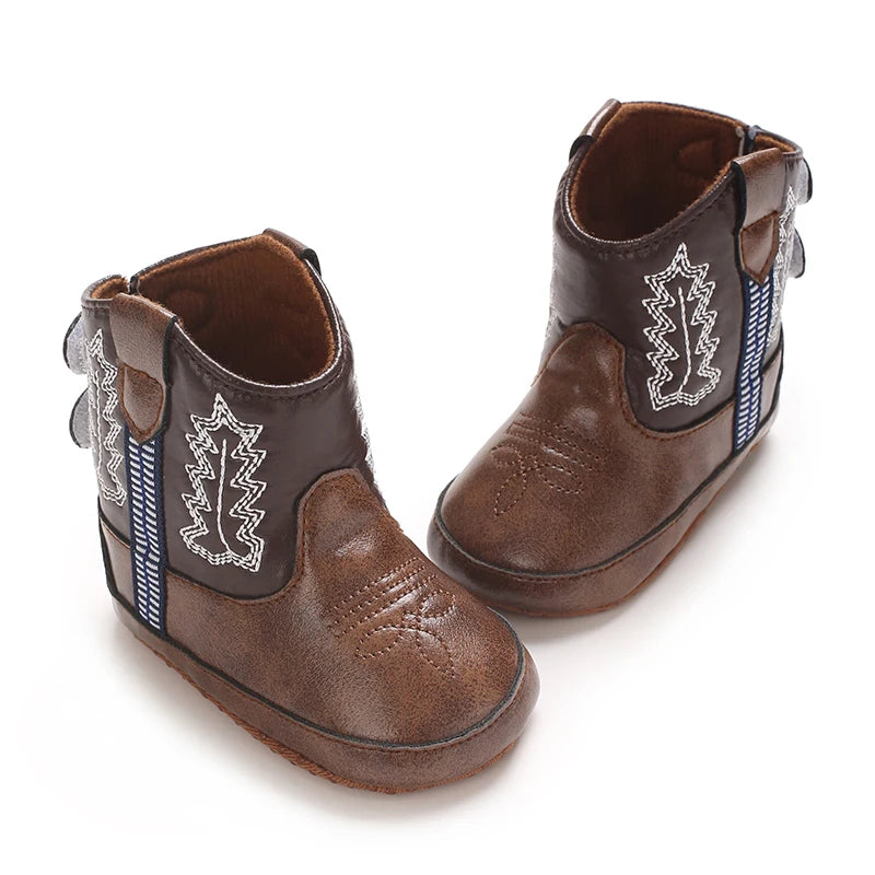 Leather Western Boots Cowboy Bootie Soft Sole Non-Slip Crib Shoes for Baby Infant Toddler Girls Boys Newborn