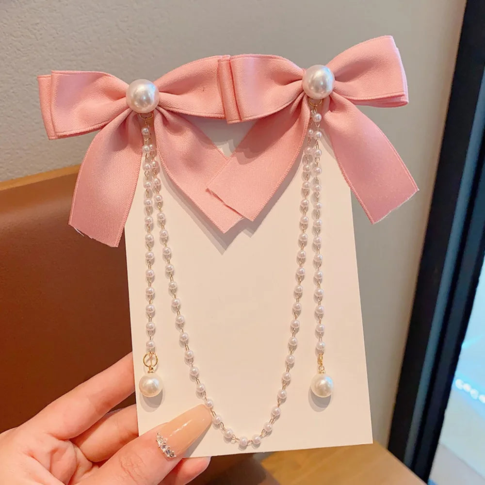 Dulce estilo princesa, perlas rosas, cadena de lazo, horquilla para el pelo para mujer, horquillas bonitas para la parte trasera de la cabeza para niñas, accesorios para el pelo