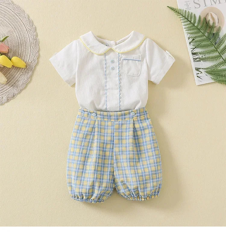 Spanish Toddlers Clothing Baby Boys Clothes Boutique Sets Outfit White Shirt Short 2pcs Plaid Pants Children Costume Kids Casual