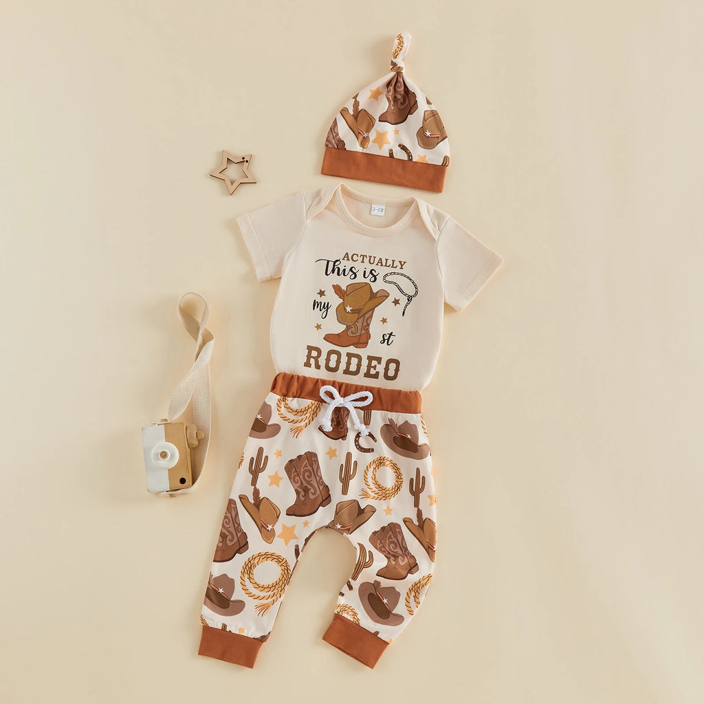 Baby Boy's Western Clothing Sets Fashionable Booties Print Short Sleeve Romper with Pants Hat 3Pcs Outfits