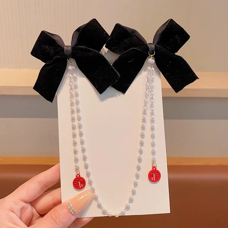 Dulce estilo princesa, perlas rosas, cadena de lazo, horquilla para el pelo para mujer, horquillas bonitas para la parte trasera de la cabeza para niñas, accesorios para el pelo