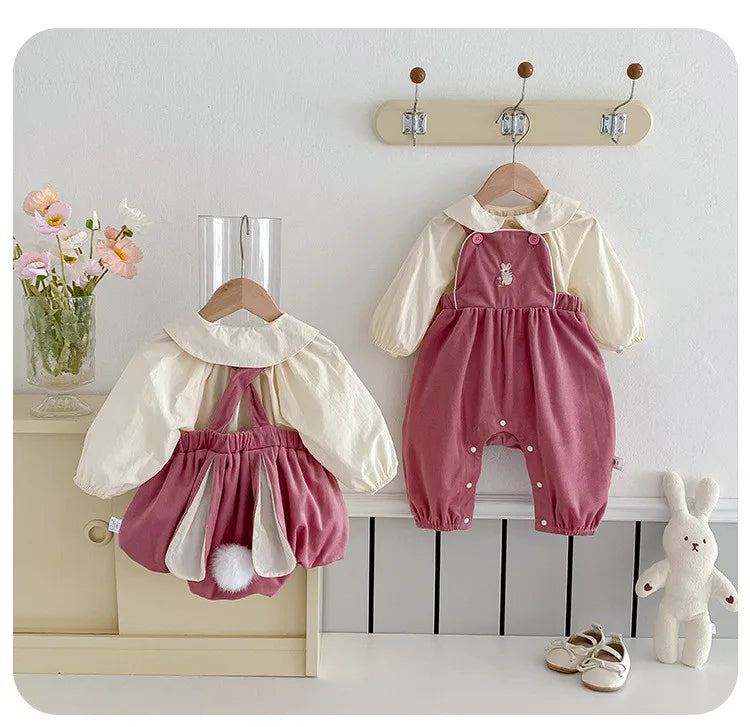 Baby Girl Two Piece Set Newborn Autumn Korean Children Clothing Baby Girls Solid Color Shirt Suspender Pants Cute Clothing