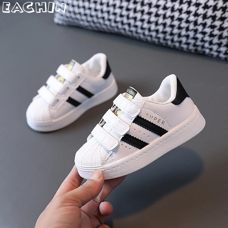 Zapatillas de deporte para niños, diseño de moda, blancas antideslizantes, zapatos casuales para niños y niñas, zapatillas transpirables con velcro, zapatos de exterior para niños pequeños.