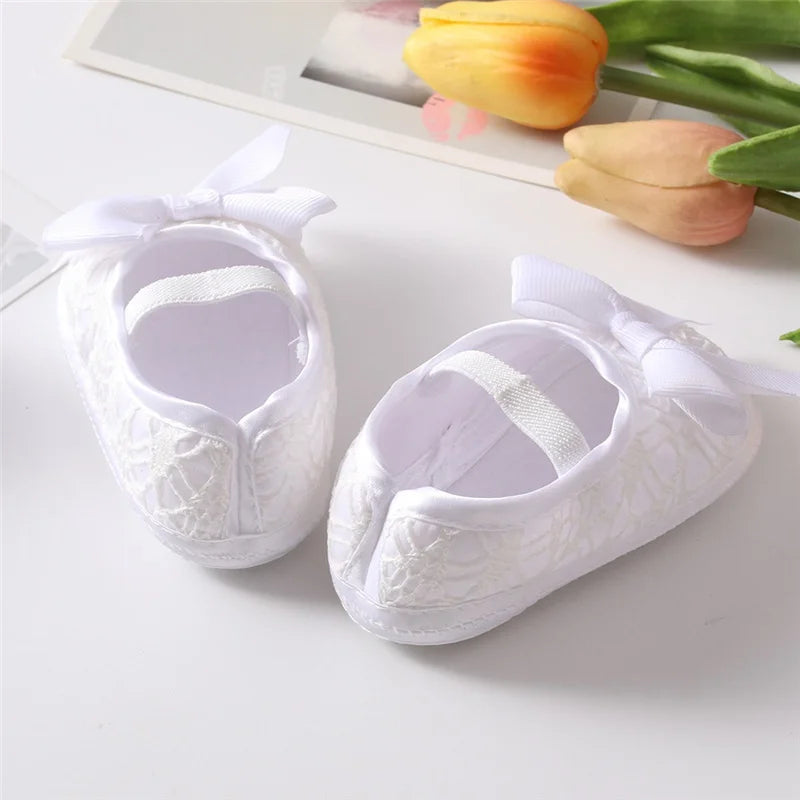 Cute Bowknot Baby Shoes for Spring Autumn First Walker Breathabled Anti-skidding Sandals 0-1 Years Old Solid Lace With Hairband