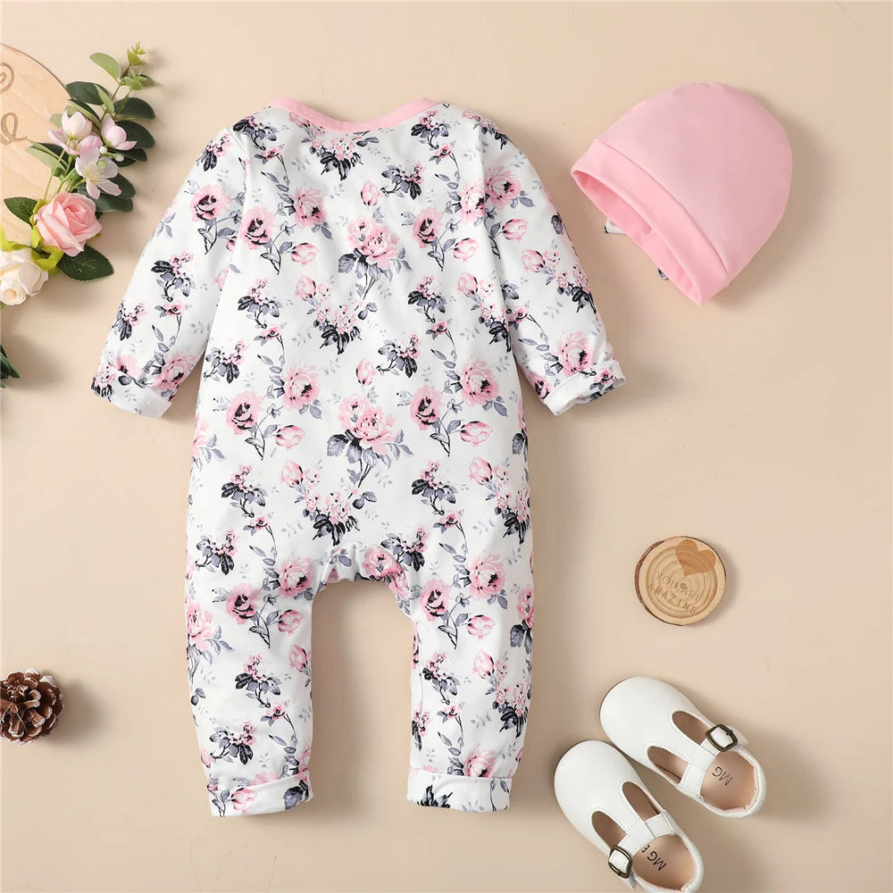 0-18 Monate Neugeborenes Baby Mädchen Strampler Kleidung Langarm Blumen Body Kostüm Süßer Baby Frühlings-Jumpsuit mit Hut