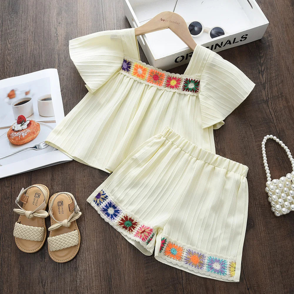 Bear Leader Girls Suit Summer Beige Short Sleeved Colorful Sunflower Print Top + Pants Two-piece Set Sweet Children's Clothing
