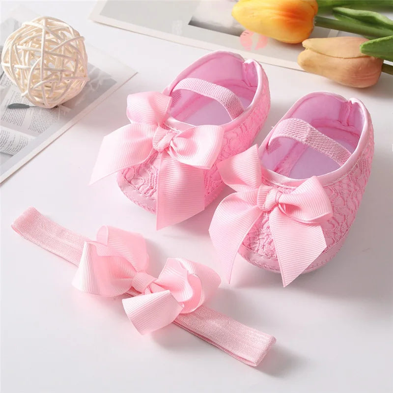 Cute Bowknot Baby Shoes for Spring Autumn First Walker Breathabled Anti-skidding Sandals 0-1 Years Old Solid Lace With Hairband