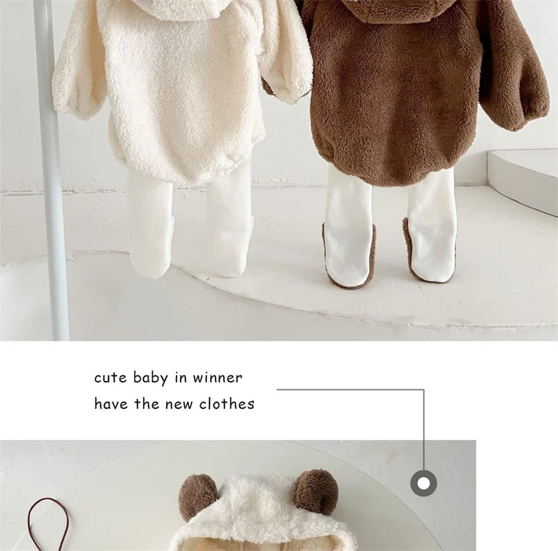 Baby Clothing Autumn Winter Cute Hooded Cartoon Bear Baby Crawling Clothes Pajamas Warm Double-sided Plush Jumpsuit Trousers Set