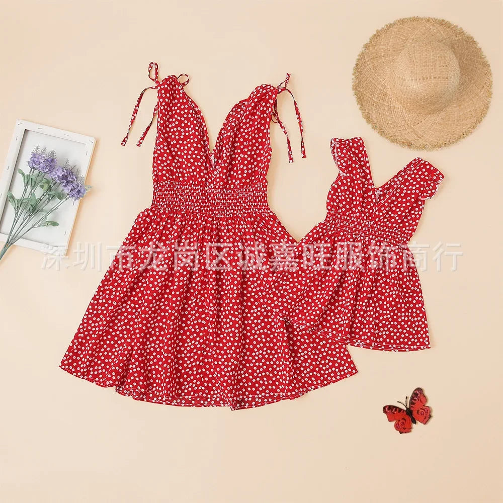 V-Neck Mother Daughter Dresses Family Set Flower Mommy and Me Matching Clothes Fashion Woman Girls Sleeveless Dress Outfits 2025