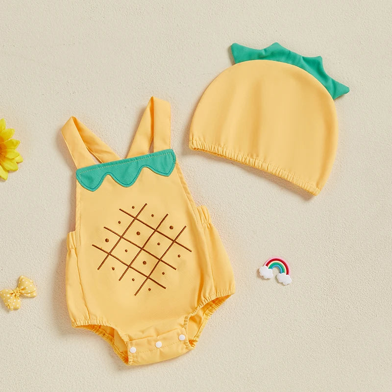 0-18 Monate Kleinkind Neugeborenes Baby Sommer-Outfit Freizeit Ärmelloser Früchte-Overall Strampler mit Hut 2-teiliges Set für Jungen und Mädchen