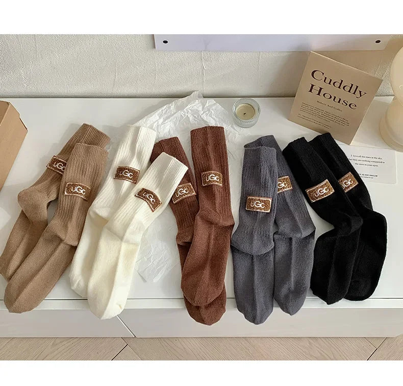 1/3 pares de calcetines de invierno gruesos y cálidos, de color liso, a media pantorrilla, casuales para mujer con logotipo bordado, calcetines de pila para climas fríos