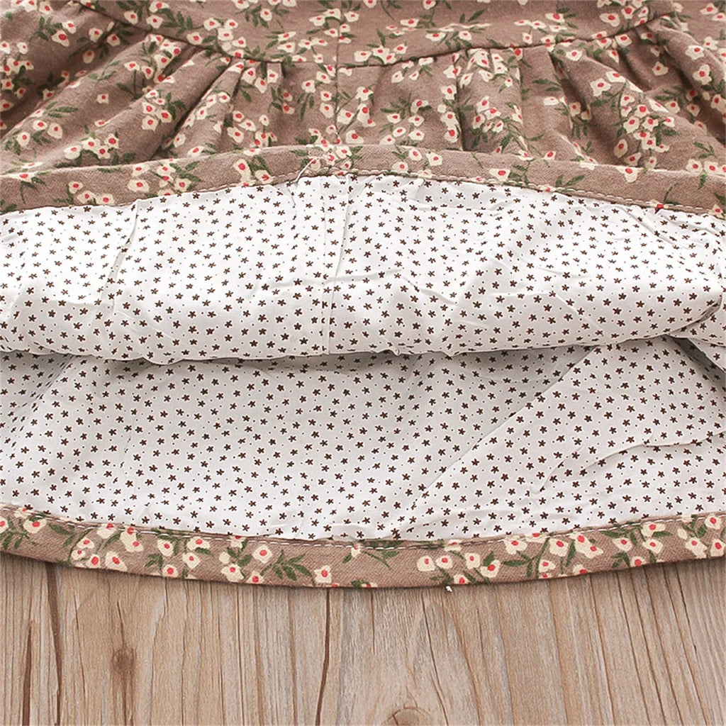 Fall Winter New Girls' Dress Lapel Floral Full Camp Bow Ribbon Lace Pleated Puffy Sleeves Sweet Girls' Dress