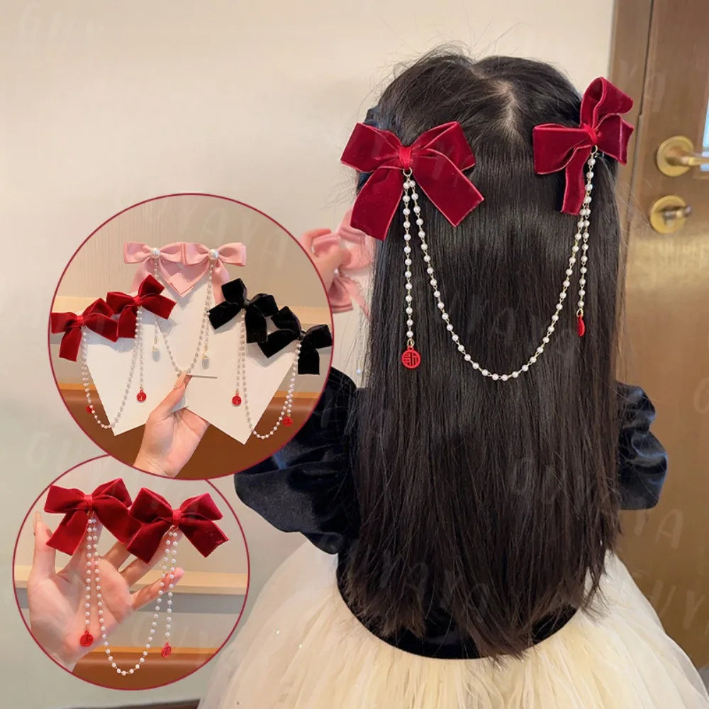Dulce estilo princesa, perlas rosas, cadena de lazo, horquilla para el pelo para mujer, horquillas bonitas para la parte trasera de la cabeza para niñas, accesorios para el pelo