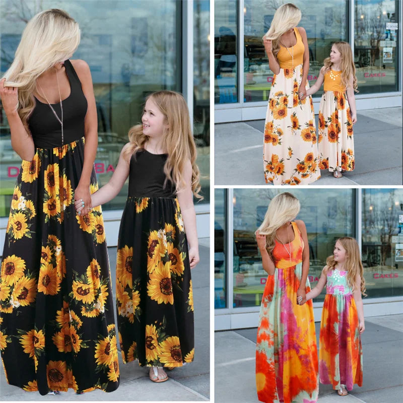 2026 New Fashion Mother Daughter Matching Dresses Family Sets Floral Woman Girls Long Dress Outfits Sleeveless Family Look Dress