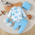 Neugeborenes Baby Jungen Set Bärchen Langarm Strampler + Lange Hose + Mütze + Socken 4-teiliges Set 0-9 Monate Baby Jungen Frühling und Herbst Set