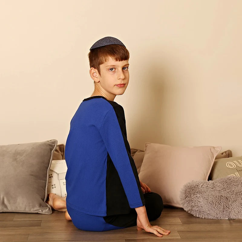 Jungen Schlafanzug Set blaues schwarzes Oberteil und Hose Kinderkleidung für Jungen und Mädchen Rundhals Winter Velours Vorderseite Rippen Rückseite