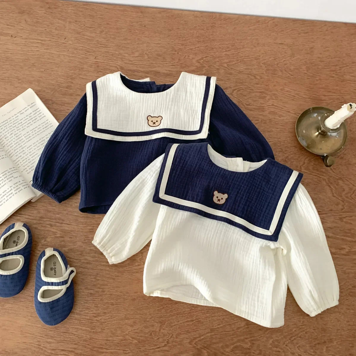 Neu im Herbst Kinder Baby Mädchen Langarm Marineführer Bären Oberteil T-Shirts + einfarbige Shorts Kleinkind Baby Baumwoll-Kleidungsset 2tlg.