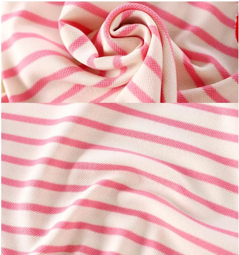 Vestido nuevo para niñas 2025, edición coreana de verano, a rayas con fresas y cuello de solapa, vestido casual para niñas de 1 a 10 años.