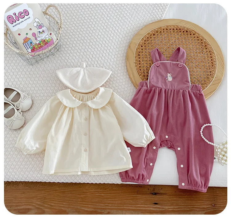 Baby Girl Two Piece Set Newborn Autumn Korean Children Clothing Baby Girls Solid Color Shirt Suspender Pants Cute Clothing