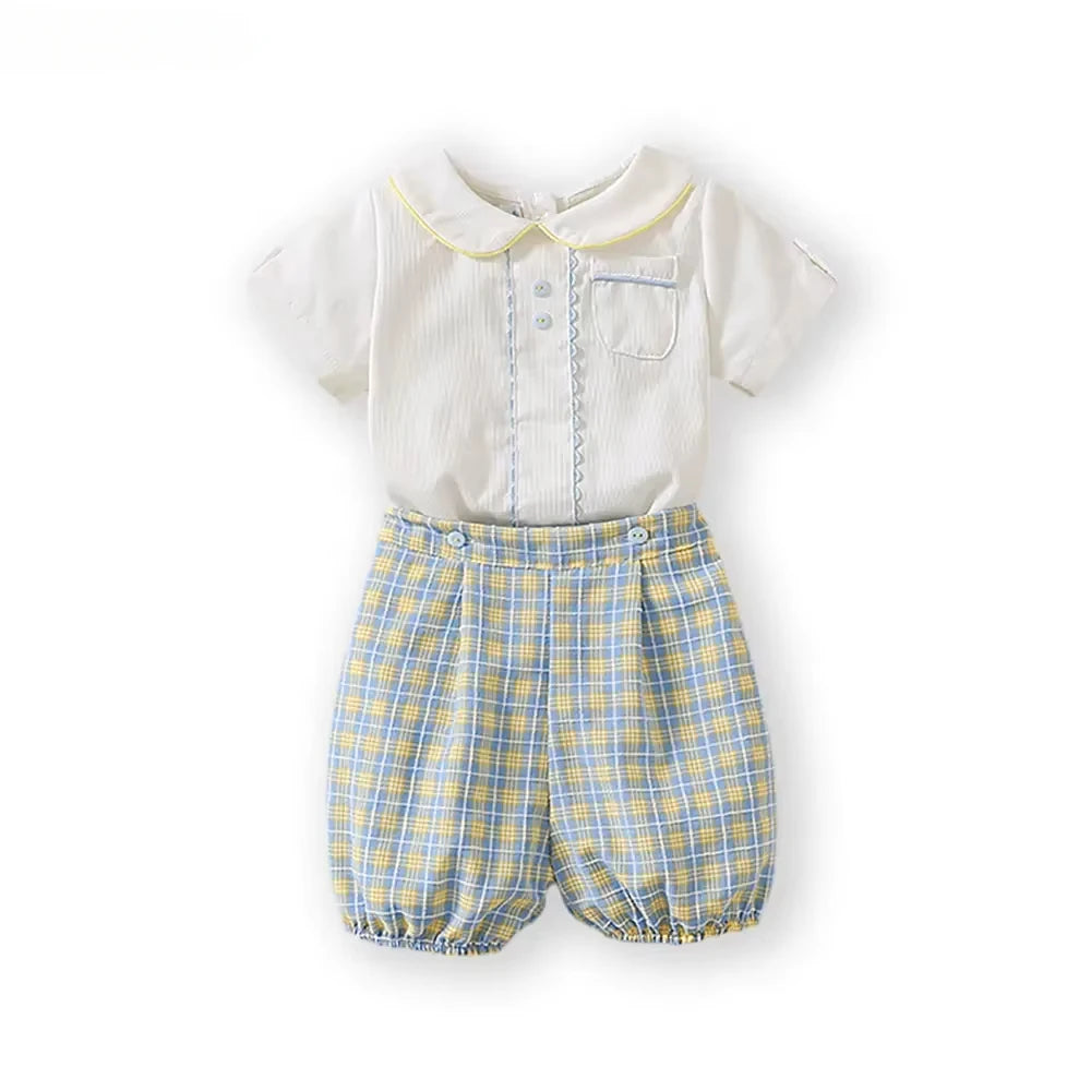 Spanish Toddlers Clothing Baby Boys Clothes Boutique Sets Outfit White Shirt Short 2pcs Plaid Pants Children Costume Kids Casual