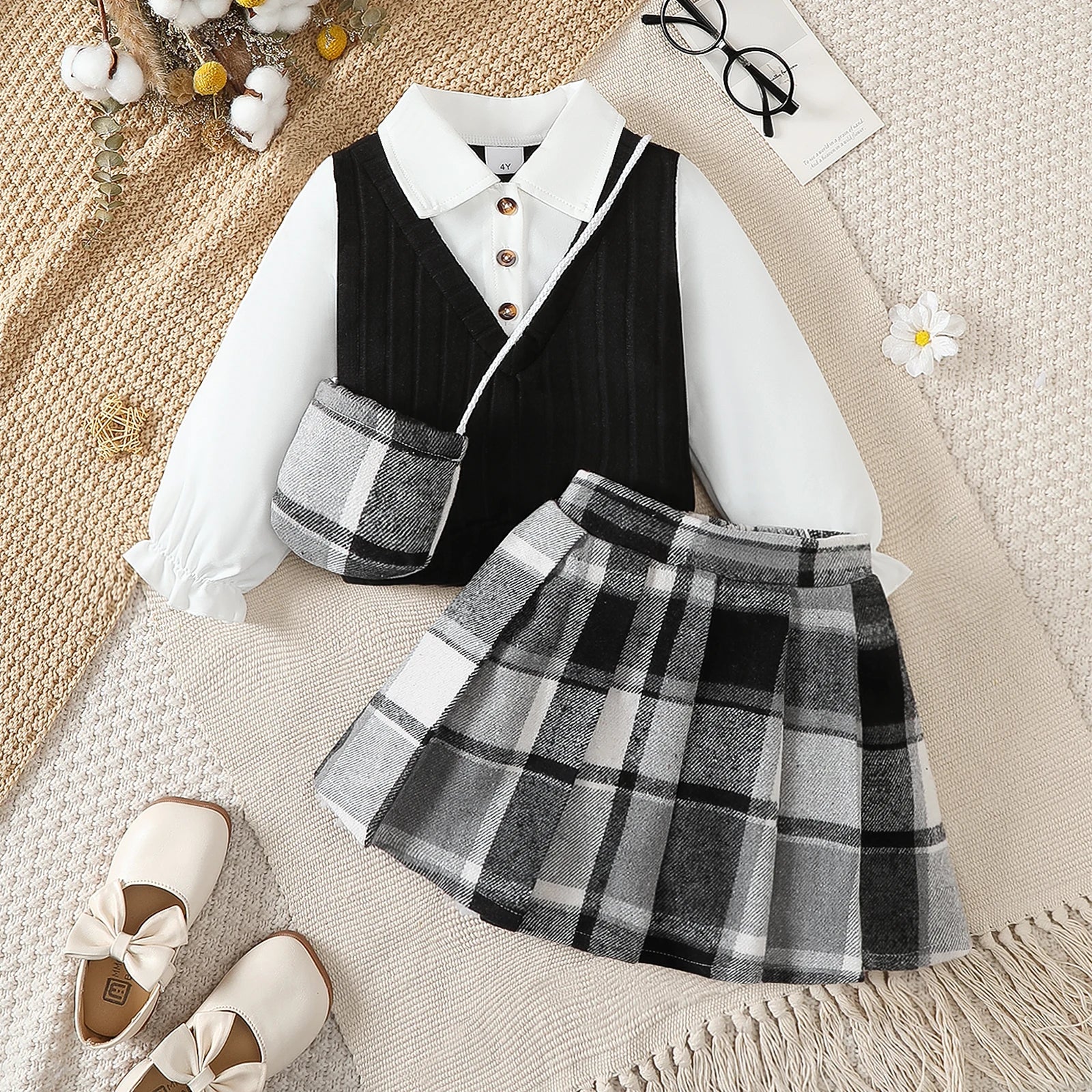 3Pcs Children Girl Set Splicing Fake Two piece Top+Checkered Skirt+Mini Bag Set Suitable Girls 4-7 Year Autumn College Style Set