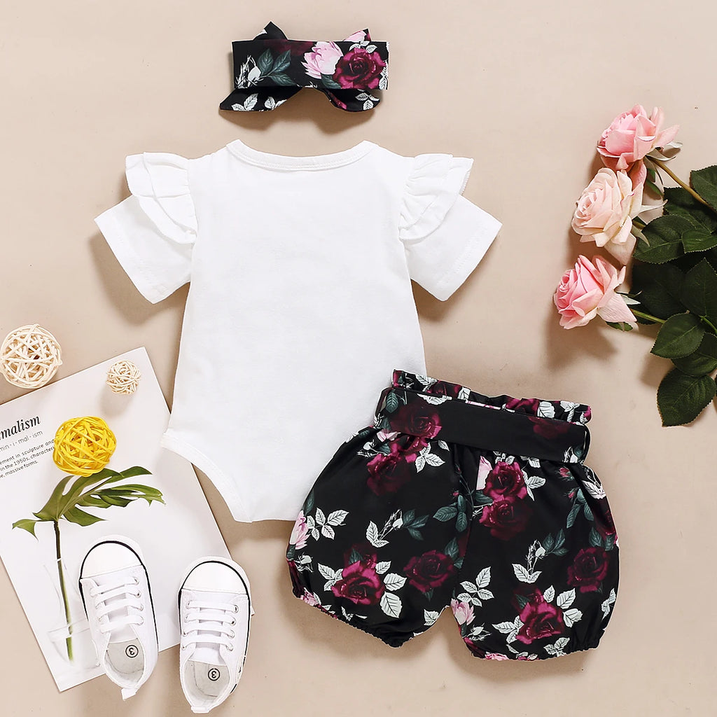 0-18Months Infants Baby Girl Set Black Short Sleeve Bodysuit+Polka Dot Shorts+Headband Toddler Girl Summer Fashion 3PCS Clothing